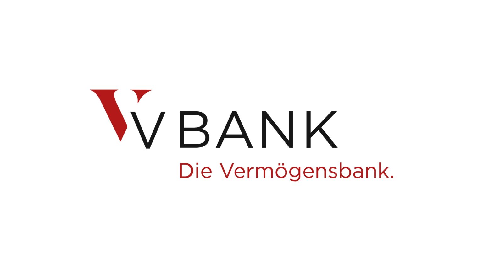 Weißer Hintergrund mit rotem stilisiertem V-Logo, schwarzem Schriftzug 'VBANK' und rotem Slogan 'Die Vermögensbank.'