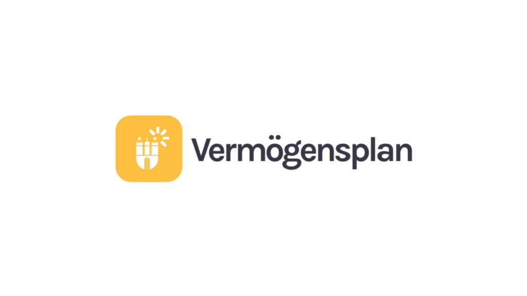Weißer Hintergrund mit gelbem App-Icon links und dem dunkelgrauen Schriftzug „Vermögensplan“ rechts.
