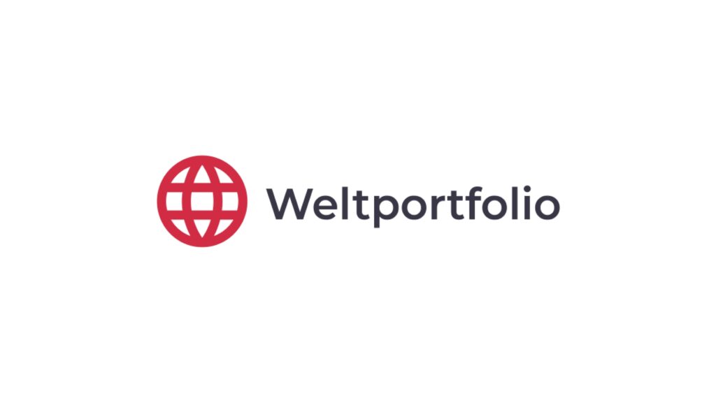 Logo mit rotem Globus-Symbol links und dem Schriftzug "Weltportfolio" rechts auf weißem Hintergrund.